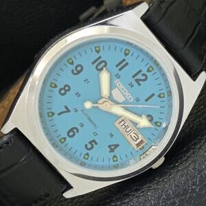 Vintage 1988 Seiko Automatic Mens Silver Watch W/daydate & Blue accents